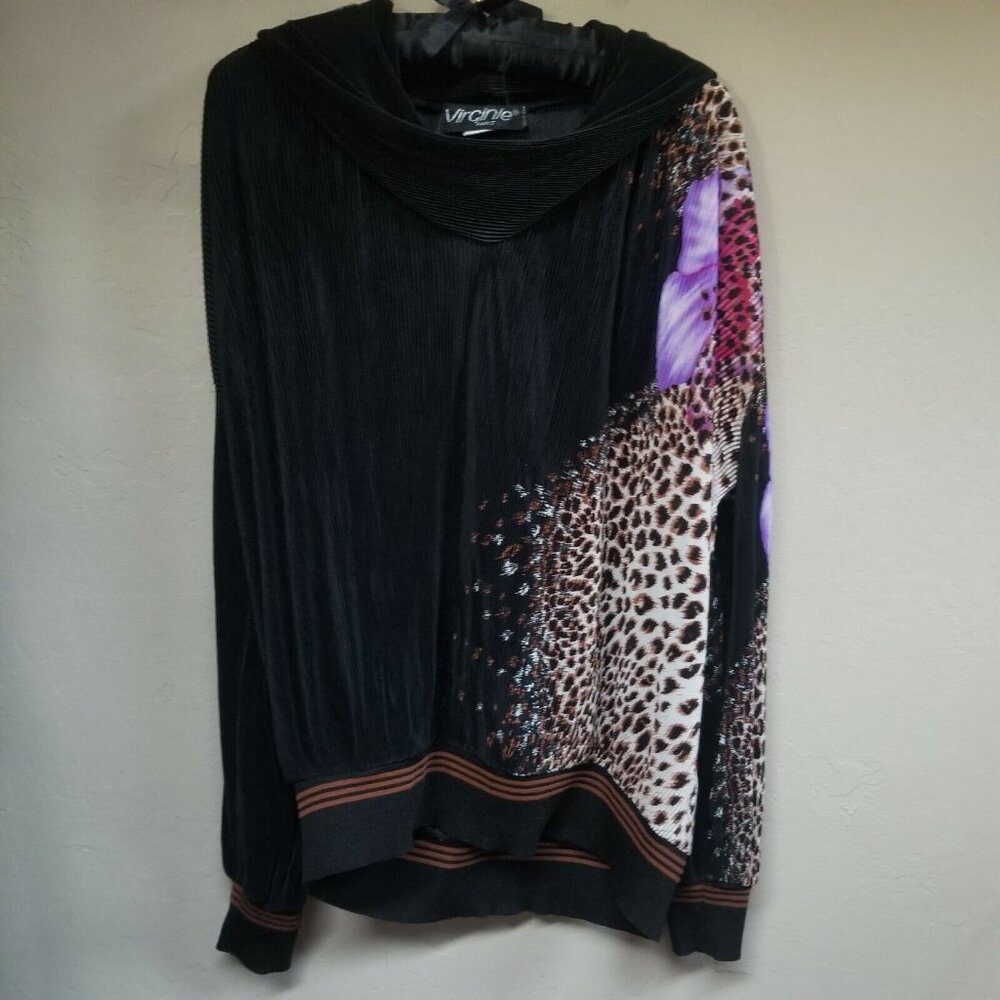 Vintage Virginie Paris Womens Long Sleeves Cowl Neck Top Animal Print Black Soft